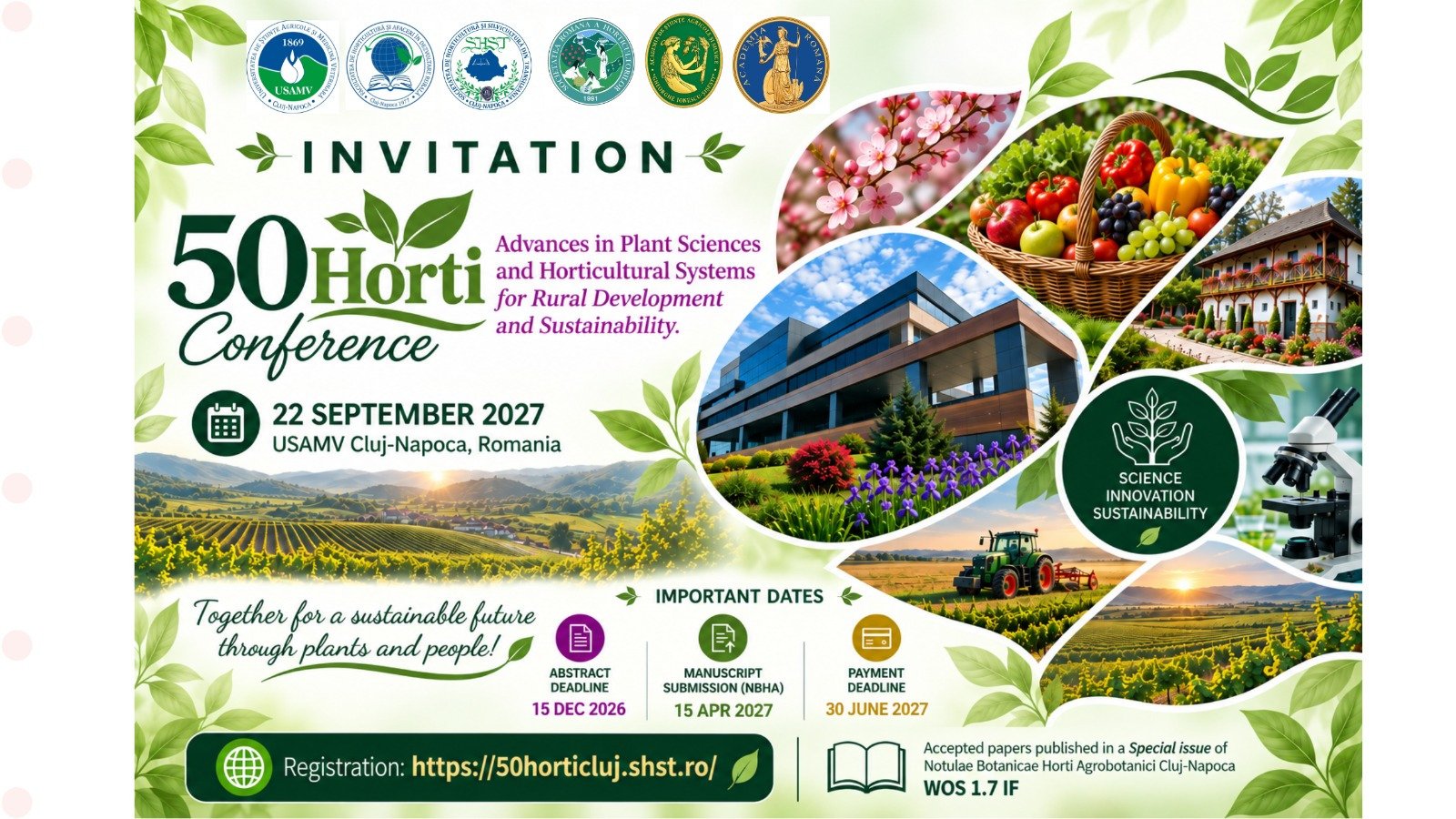 Afișul Conferinței internaționale 50Horti, USAMV Cluj-Napoca, 22 septembrie 2027
