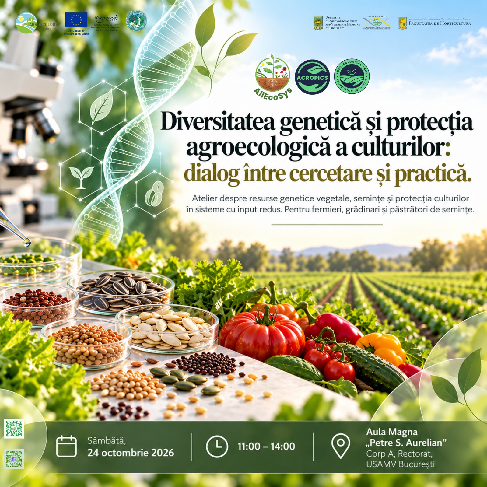 Afiș – Atelier „Diversitatea genetică și protecția agroecologică a culturilor: dialog între cercetare și practică”, 24 octombrie 2026, USAMV București