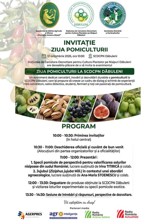 Invitație – Ziua Pomiculturii la SCDCPN Dăbuleni, 12 octombrie 2026